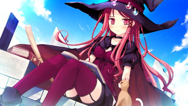 Anime picture 1280x720 with witch's garden hinomiya ayari ko~cha single long hair blush red eyes wide image game cg red hair witch girl thighhighs book (books) cat witch hat