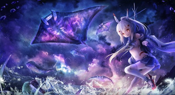 Anime picture 1980x1080 with azur lane ayanami (azur lane) utatanecocoa single long hair looking at viewer fringe highres open mouth light erotic smile hair between eyes wide image standing sky silver hair bent knee (knees) ponytail :d bare belly