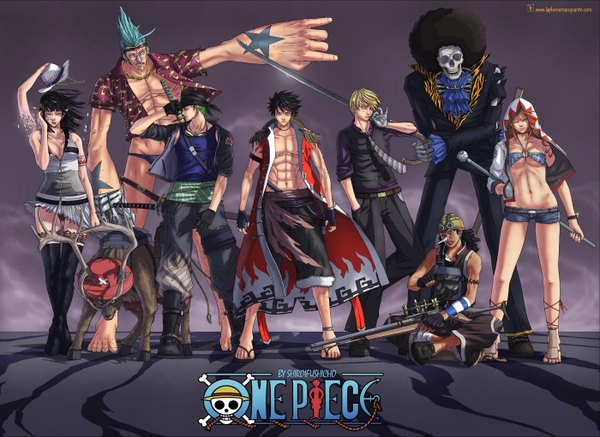Anime picture 2800x2043 with one piece toei animation nami (one piece) monkey d. luffy nico robin roronoa zoro sanji tony tony chopper usopp franky brook (one piece) long hair highres short hair open mouth black hair smile bare shoulders blue hair red hair