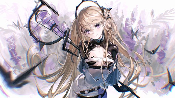 Anime picture 1890x1063 with arknights indigo (arknights) rumoon single looking at viewer fringe highres blonde hair smile hair between eyes wide image purple eyes very long hair head tilt girl flower (flowers) insect butterfly infection monitor (arknights)