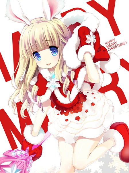 Anime picture 800x1067 with tera online elin (tera) emily (pure dream) single long hair tall image looking at viewer open mouth blue eyes blonde hair animal ears bunny ears fur trim girl dress shoes fur staff santa claus hat mittens