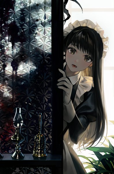 Anime picture 1408x2138 with original on (onon2659) single long hair tall image looking at viewer fringe open mouth black hair brown eyes indoors :d maid puffy sleeves peeking girl uniform headdress maid headdress blood