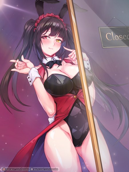 Anime picture 2100x2800 with date a live tokisaki kurumi rebe11 single long hair tall image looking at viewer blush fringe highres breasts light erotic black hair red eyes large breasts standing twintails signed animal ears yellow eyes