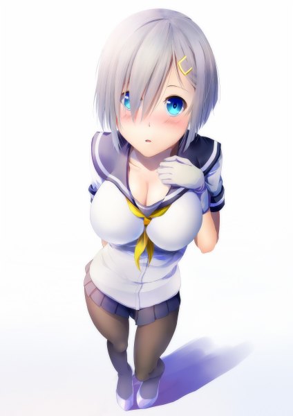 Anime picture 848x1200 with kantai collection hamakaze destroyer single tall image looking at viewer blush short hair blue eyes light erotic white background silver hair girl skirt gloves pantyhose sailor suit