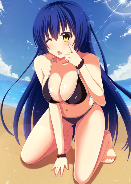 Anime picture 1254x1771 with love live! school idol project sunrise (studio) love live! sonoda umi ryo sakiteru single long hair tall image looking at viewer blush breasts open mouth light erotic large breasts yellow eyes blue hair sky cloud (clouds) one eye closed wink
