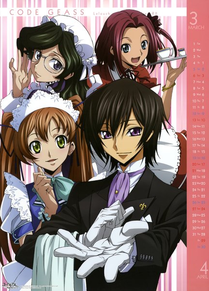 Anime picture 4942x6869 with code geass sunrise (studio) lelouch lamperouge kallen stadtfeld shirley fenette nina einstein tall image highres black hair brown hair purple eyes green eyes pink hair absurdres green hair maid group calendar 2011 gloves glasses