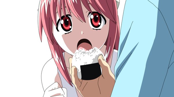 Anime picture 2200x1239 with elfen lied arms corporation lucy kota (elfen lied) long hair highres open mouth simple background wide image pink hair pink eyes horn (horns) girl boy hand onigiri