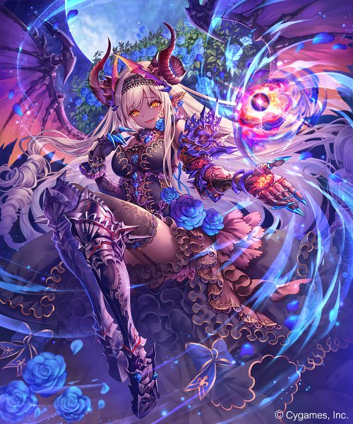 Anime picture 1000x1200 with shadowverse nightprowl vampire madogawa single long hair tall image looking at viewer fringe open mouth blonde hair smile payot full body bent knee (knees) outdoors horn (horns) pointy ears night official art orange eyes