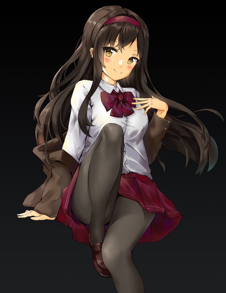 Anime picture 2507x3251 with original gh (chen ghh) single long hair tall image looking at viewer blush highres black hair simple background smile brown eyes black background dark background girl skirt uniform school uniform miniskirt shirt