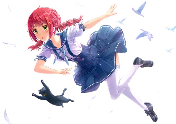 Anime picture 2411x1696 with original kazeno single long hair blush highres open mouth white background looking away red hair braid (braids) girl thighhighs dress animal white thighhighs bird (birds) cat