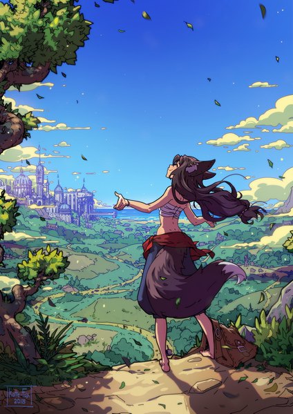 Anime picture 900x1273 with original katrin fox kate-fox single long hair tall image smile brown hair standing signed animal ears sky tail eyes closed animal tail barefoot wind fox ears city fox tail
