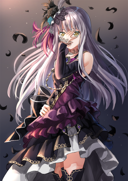 Anime picture 707x1000 with bang dream! minato yukina toshi (1-147) single long hair tall image looking at viewer fringe simple background standing yellow eyes silver hair blunt bangs gradient background covering covering face girl dress hair ornament detached sleeves