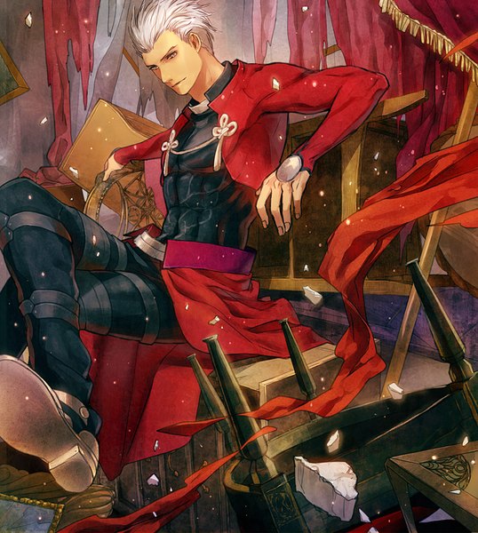 Anime picture 900x1003 with fate (series) fate/stay night studio deen type-moon archer (fate) ame (conronca) single tall image short hair sitting brown eyes white hair boy armor curtains chair crown debris