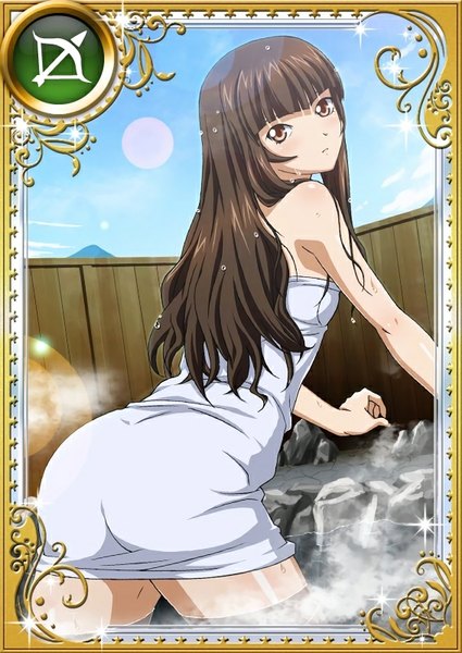 Anime picture 567x800 with ikkitousen teni single long hair tall image light erotic brown hair brown eyes looking back card (medium) naked towel girl towel onsen