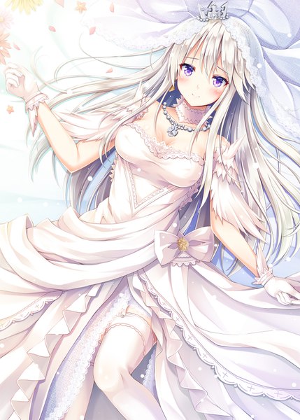 Anime picture 1100x1539 with azur lane enterprise (azur lane) enterprise (starlight oath) (azur lane) akashio (loli ace) single long hair tall image looking at viewer blush fringe breasts hair between eyes purple eyes cleavage silver hair bent knee (knees) lying from above light smile on back