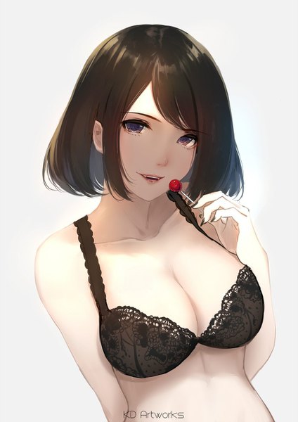 Anime-Bild 900x1272 mit original caidychen single tall image looking at viewer fringe short hair breasts open mouth light erotic simple background brown hair large breasts purple eyes bare shoulders holding signed cleavage upper body nail polish