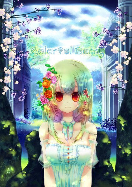 Anime picture 1290x1826 with original konno kengo single long hair tall image blush smile bare shoulders sky cloud (clouds) hair flower green hair sunlight orange eyes girl dress hair ornament flower (flowers) plant (plants) tree (trees)