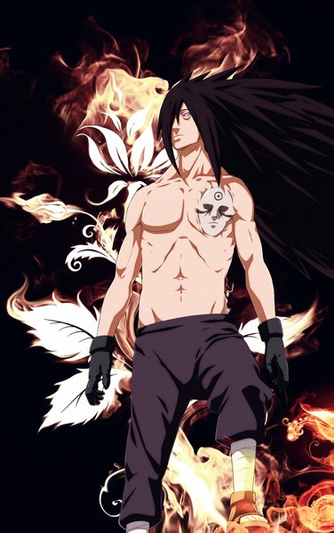 Anime picture 1191x1899 with naruto studio pierrot naruto (series) uchiha madara anvmadara single long hair tall image fringe black hair purple eyes hair over one eye coloring rinnegan shirtless boy gloves black gloves mask fire