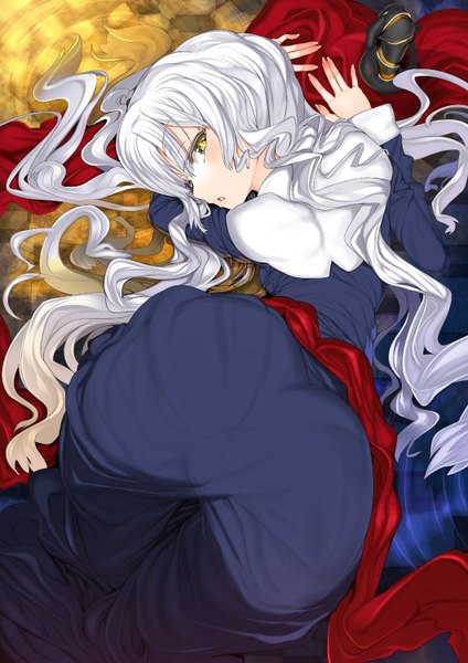 Anime picture 1060x1500 with fate (series) fate/stay night fate/hollow ataraxia caren ortensia char single long hair tall image looking at viewer blush fringe light erotic yellow eyes silver hair ass lying parted lips profile from above girl