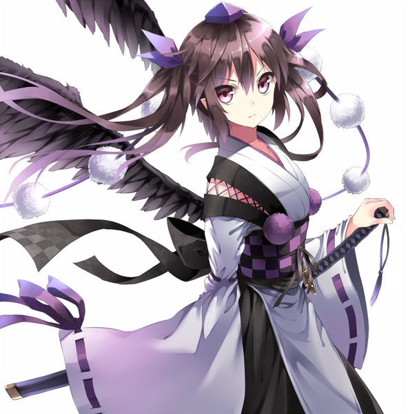 Anime picture 807x818 with touhou himekaidou hatate bon (artist) single long hair tall image looking at viewer fringe simple background standing white background twintails purple eyes holding purple hair traditional clothes japanese clothes pointy ears wide sleeves serious