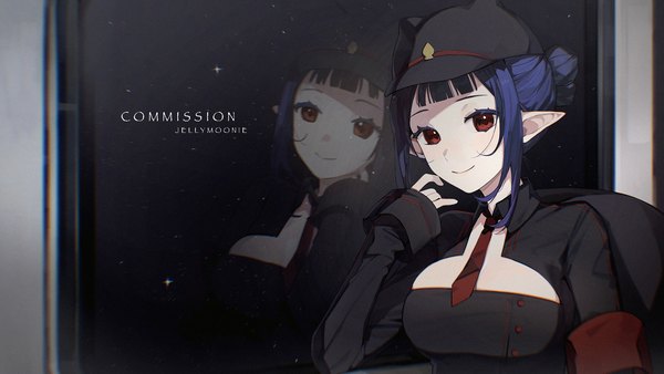 Anime picture 1920x1080 with virtual youtuber phase connect dizzy dokuro jellymoonie single looking at viewer fringe highres short hair smile red eyes wide image signed blue hair upper body blunt bangs long sleeves pointy ears hair bun (hair buns) reflection