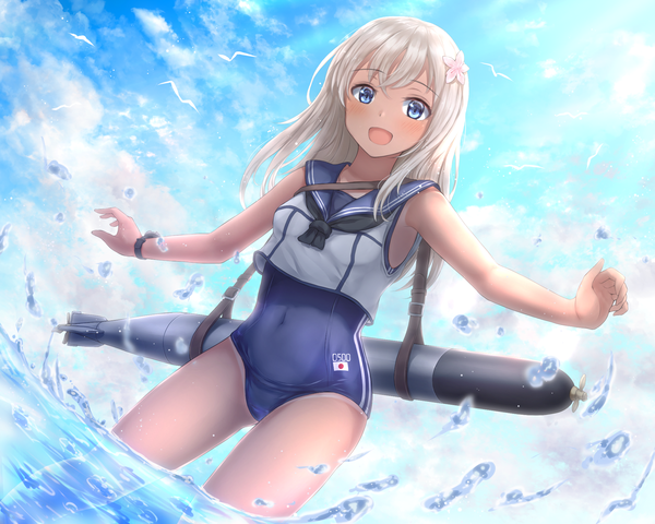 Anime picture 2000x1600 with kantai collection ro-500 submarine absent single long hair blush fringe highres open mouth blue eyes light erotic blonde hair smile hair between eyes standing sky cloud (clouds) :d hair flower sunlight