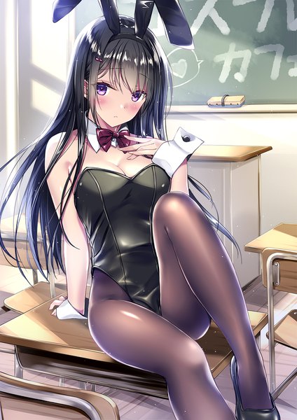 Anime picture 1240x1753 with original kobayashi chisato single long hair tall image looking at viewer blush fringe breasts light erotic black hair sitting purple eyes bare shoulders animal ears cleavage bent knee (knees) arm support bunny ears hieroglyph