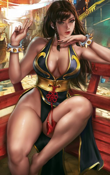 Anime picture 2292x3661 with street fighter capcom chun-li logan cure single long hair tall image looking at viewer fringe highres breasts light erotic brown hair large breasts sitting bare shoulders brown eyes braid (braids) nail polish traditional clothes
