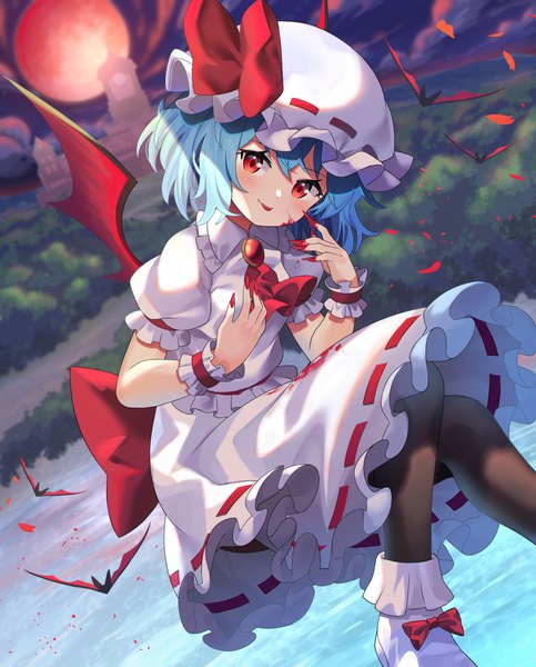 Anime picture 3201x3978 with touhou remilia scarlet yuujin (yuzinn333) single tall image fringe highres short hair red eyes blue hair absurdres cloud (clouds) outdoors nail polish night puffy sleeves night sky :p bat wings frilly skirt