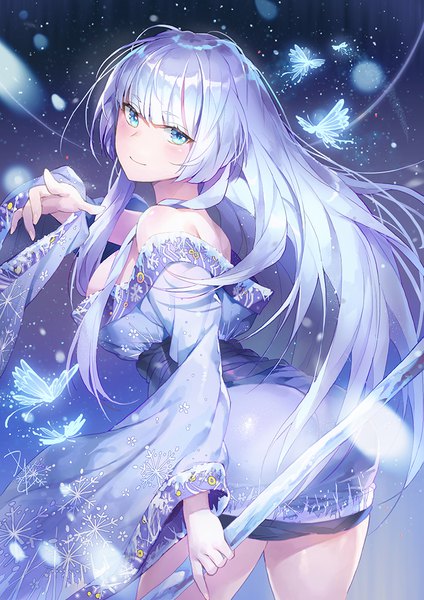 Anime picture 778x1100 with nioh yuki-onna (nioh) kakiman (artist) single long hair tall image looking at viewer blush fringe breasts blue eyes light erotic smile large breasts standing silver hair ass blunt bangs traditional clothes japanese clothes