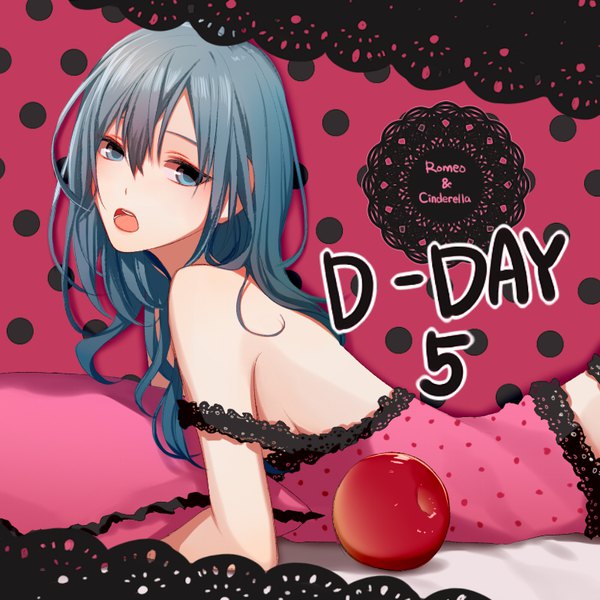 Anime picture 800x800 with vocaloid romeo to cinderella (vocaloid) hatsune miku asd13 single long hair fringe open mouth light erotic hair between eyes lying aqua eyes aqua hair strap slip on stomach polka dot messy hair girl pillow fruit