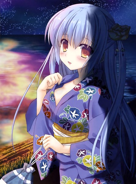 Anime picture 2542x3426 with nanao naru single long hair tall image looking at viewer blush fringe highres breasts open mouth light erotic hair between eyes brown eyes silver hair traditional clothes japanese clothes night side ponytail girl water