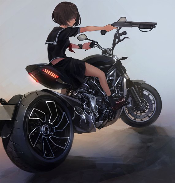 Anime picture 1950x2048 with original ducati koh (minagi kou) single tall image highres short hair brown hair holding brown eyes looking away full body outstretched arm riding girl skirt uniform weapon miniskirt socks