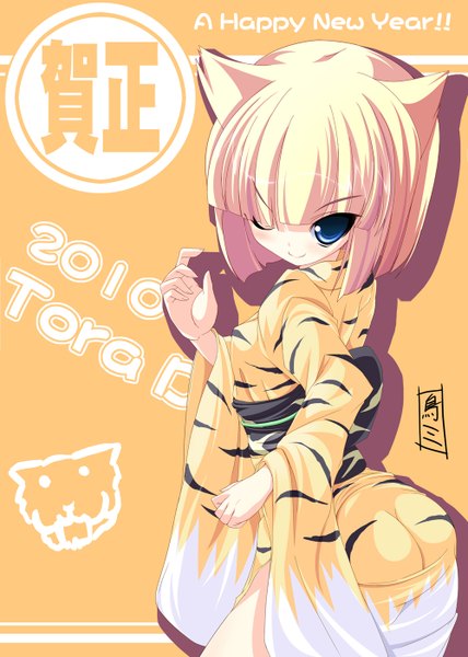 Anime picture 1000x1402 with original torisan single tall image looking at viewer blush short hair blue eyes light erotic blonde hair smile traditional clothes japanese clothes one eye closed wink new year happy new year 2010 girl kimono