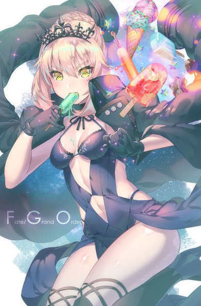 Anime picture 1972x3000 with fate (series) fate/grand order artoria pendragon (all) artoria pendragon (alter swimsuit rider) (fate) yoshimoto (dear life) single tall image looking at viewer fringe highres short hair light erotic blonde hair hair between eyes yellow eyes cleavage braid (braids) copyright name clothes on shoulders braided bun