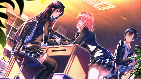 Anime picture 1920x1080 with yahari ore no seishun love comedy wa machigatteiru. brains base (studio) yukinoshita yukino yuigahama yui hikigaya hachiman swordsouls long hair blush highres short hair open mouth blue eyes black hair wide image sitting multiple girls pink hair girl thighhighs boy