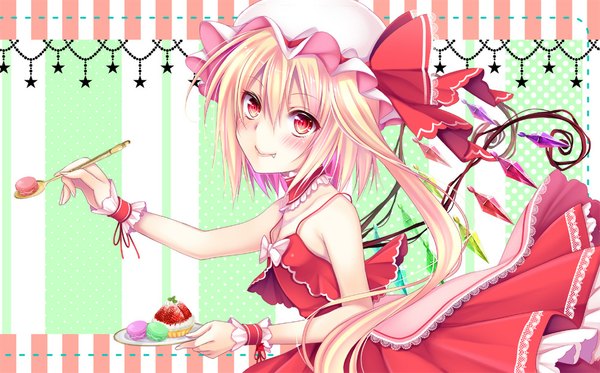 Anime picture 1000x623 with touhou flandre scarlet hoozuki shia blush short hair blonde hair smile red eyes wide image bare shoulders teeth fang (fangs) girl dress wings food sweets bonnet crystal