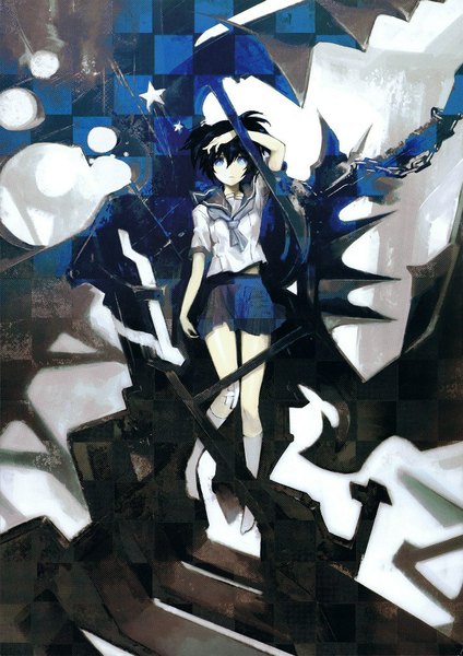Anime picture 723x1024 with black rock shooter kuroi mato huke single tall image short hair blue eyes black hair twintails lying from above on back short twintails hand on head checkered floor girl skirt uniform school uniform water