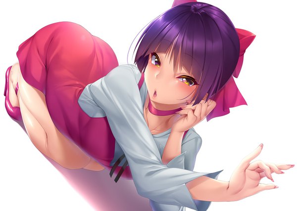 Anime picture 1500x1069 with gegege no kitarou toei animation nekomusume nekomusume (gegege no kitarou 6) nironiro single looking at viewer blush short hair open mouth light erotic simple background white background brown eyes purple hair nail polish girl dress bow hair bow