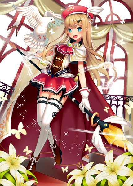 Anime-Bild 786x1100 mit original s-goon single long hair tall image blush open mouth blue eyes blonde hair girl thighhighs dress gloves flower (flowers) animal white thighhighs white gloves bird (birds) insect butterfly