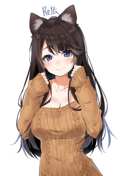 Anime picture 1240x1748 with azur lane fusou (azur lane) fusou (fluffy helpmate) (azur lane) xretakex single long hair tall image looking at viewer blush fringe breasts blue eyes light erotic black hair simple background hair between eyes large breasts standing white background signed