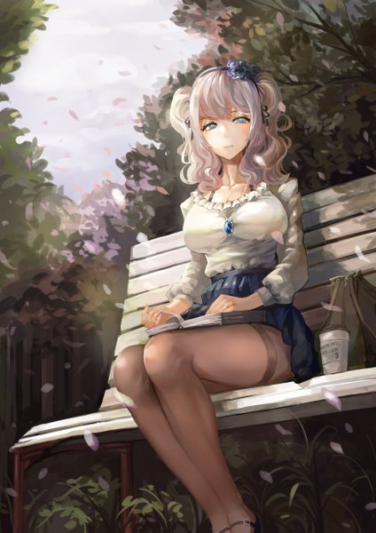 Anime picture 3508x4961 with kantai collection kashima training cruiser riko (ccllnnhh) single tall image looking at viewer highres short hair breasts blue eyes large breasts sitting twintails holding absurdres cleavage outdoors long sleeves nail polish parted lips