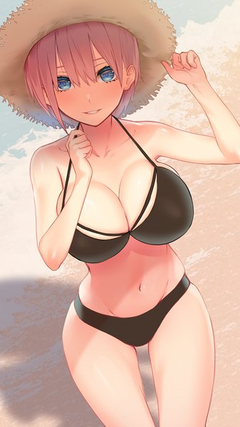 Anime picture 810x1440 with go-toubun no hanayome nakano ichika kakaon single tall image looking at viewer blush fringe short hair breasts blue eyes light erotic smile hair between eyes large breasts standing bare shoulders pink hair cleavage outdoors