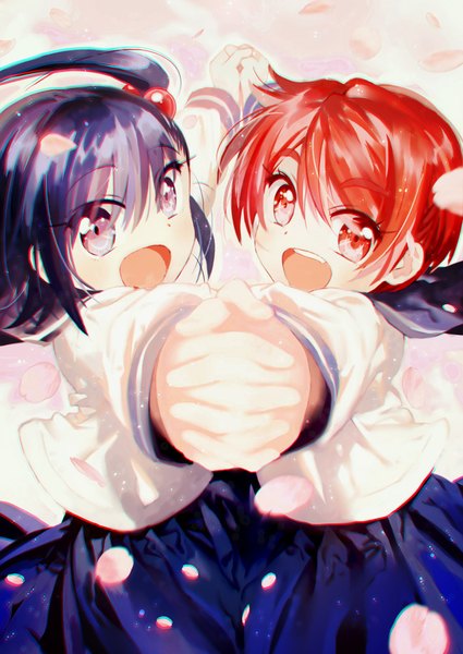 Anime picture 708x1000 with ooya-san wa shishunki! chie satonaka ueno mayu atsuki tall image looking at viewer fringe short hair open mouth blue eyes simple background smile hair between eyes red eyes multiple girls blue hair red hair long sleeves one side up holding hands