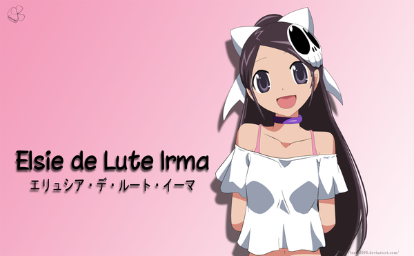 Anime picture 1742x1080 with kami nomi zo shiru sekai elsea de lute irma leonel098 single long hair highres open mouth smile brown hair wide image bare shoulders inscription grey eyes coloring hieroglyph hands behind back pink background girl hair ornament bow