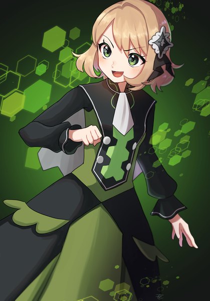 Anime picture 1668x2388 with pokemon pokemon (game) pokemon masters ex nintendo serena (pokemon) moegi itsukashi single tall image short hair open mouth blonde hair green eyes looking away long sleeves :d blurry dutch angle turning head official alternate costume green background