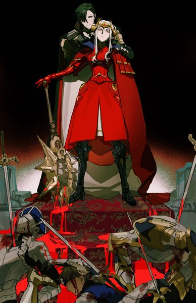 Anime picture 1326x2048 with fire emblem fire emblem: three houses nintendo edelgard von hresvelg hubert von vestra mimulishizi tall image looking at viewer fringe short hair black hair standing purple eyes silver hair full body horn (horns) hair over one eye blood stains bloody weapon soldier