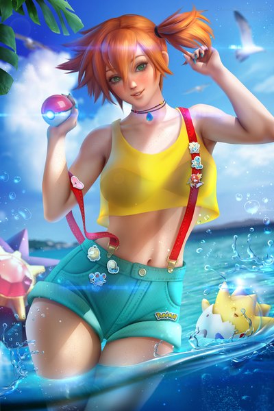 Anime picture 3000x4500 with pokemon nintendo misty (pokemon) togepi staryu ayyasap single tall image looking at viewer blush fringe highres short hair breasts light erotic smile hair between eyes standing holding green eyes
