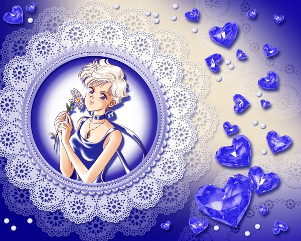 Anime picture 1280x1024 with bishoujo senshi sailor moon toei animation tenou haruka princess uranus single blush short hair blue eyes blonde hair holding light smile wallpaper girl dress flower (flowers) ribbon (ribbons) earrings heart pendant beads