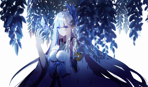 Anime picture 1688x1000 with onmyoji yuki onna (onmyoji) tuan zi single looking at viewer fringe blue eyes wide image white background blunt bangs very long hair traditional clothes japanese clothes arm up wide sleeves shadow magic girl hair ornament plant (plants)